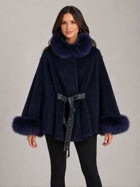 Saga Furs Fox Fur Alpaca Wool Belted Jacket Coat